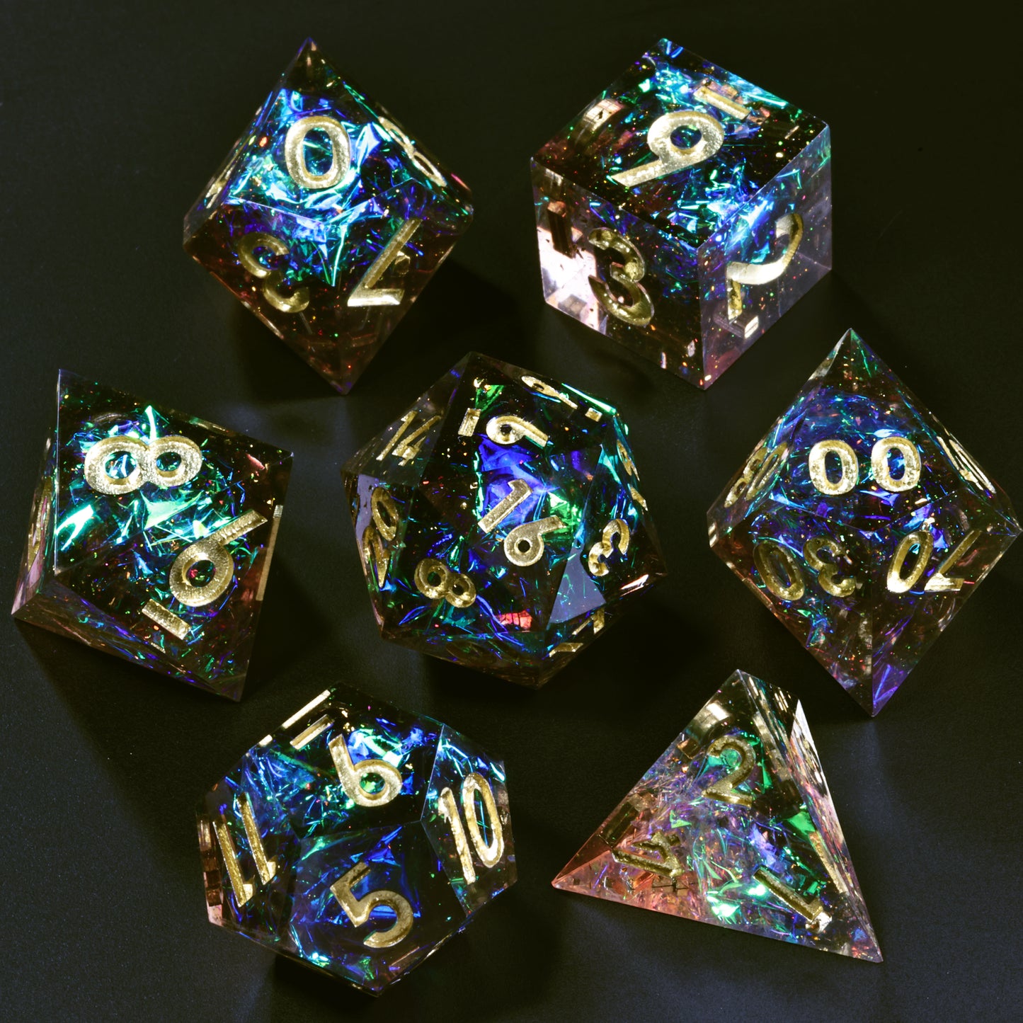 Galaxy Black Handmade Sharp Edge 7 Piece Resin d&d Dungeons and Dragons Dice Set