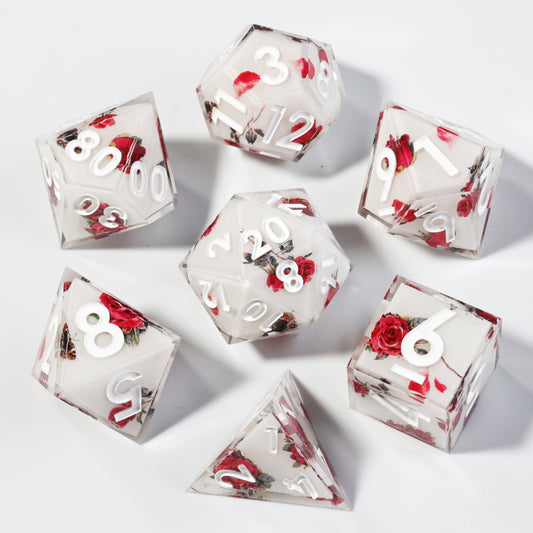 Red Rose Handmade Sharp Edge 7 Piec Reesin d&d Dungeons and Dragons Dice Set