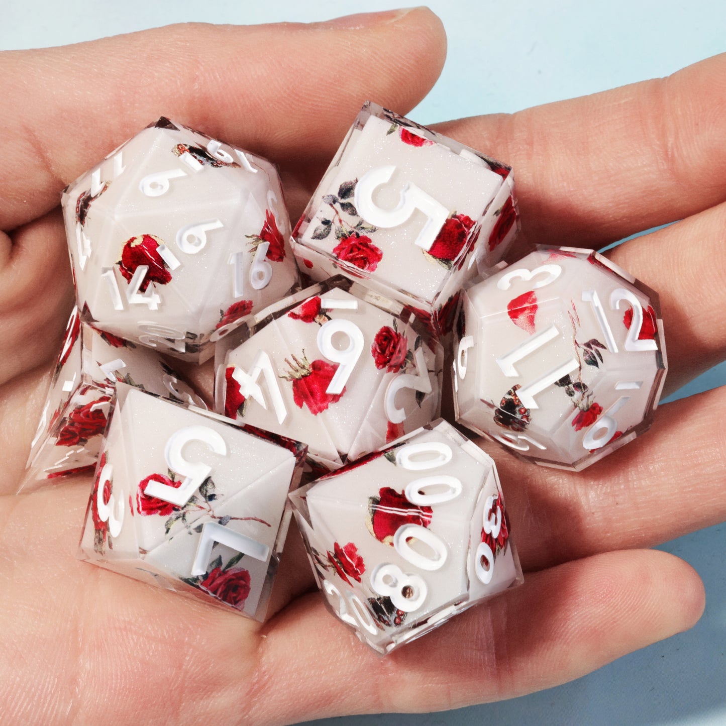 Red Rose Handmade Sharp Edge 7 Piec Reesin d&d Dungeons and Dragons Dice Set