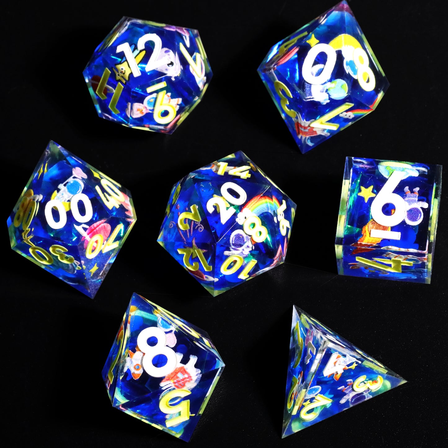 Flying Into Space Handmade Sharp Edge 7 Piece Resin d&d Dungeons and Dragons Dice Set