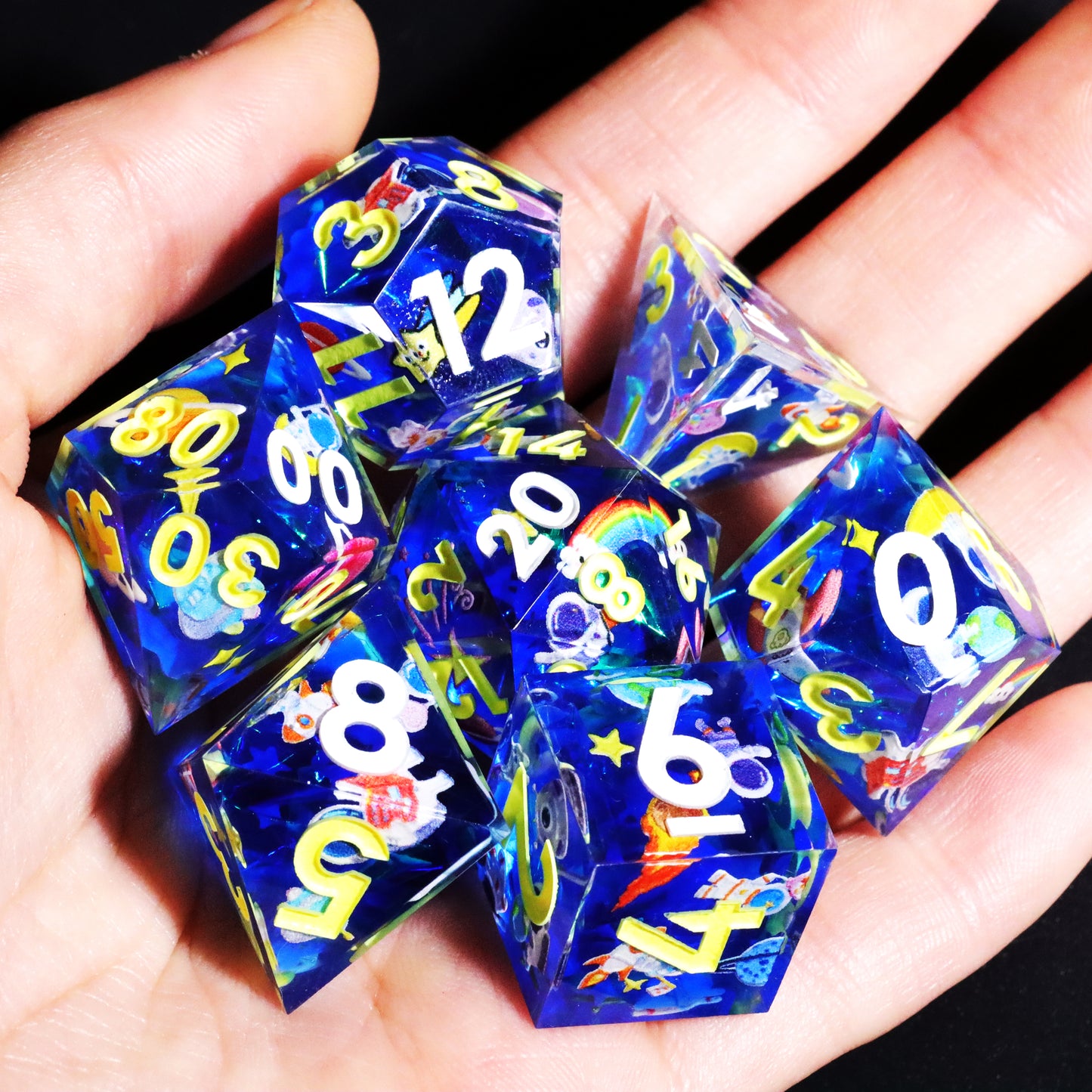 Flying Into Space Handmade Sharp Edge 7 Piece Resin d&d Dungeons and Dragons Dice Set