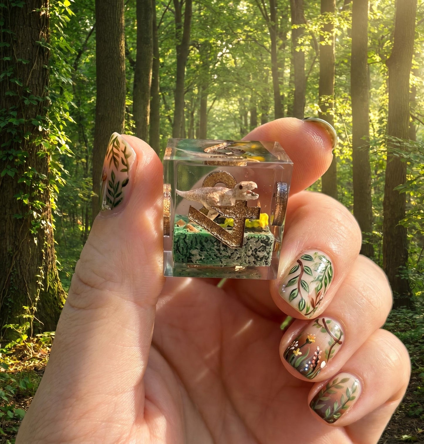 Prehistoric Realm - Hand-Painted Dinosaur Crystal Clear Resin DND Dice Set | 7-Piece Polyhedral Dice with 3D Printed Terrain Base for TTRPG Roleplaying