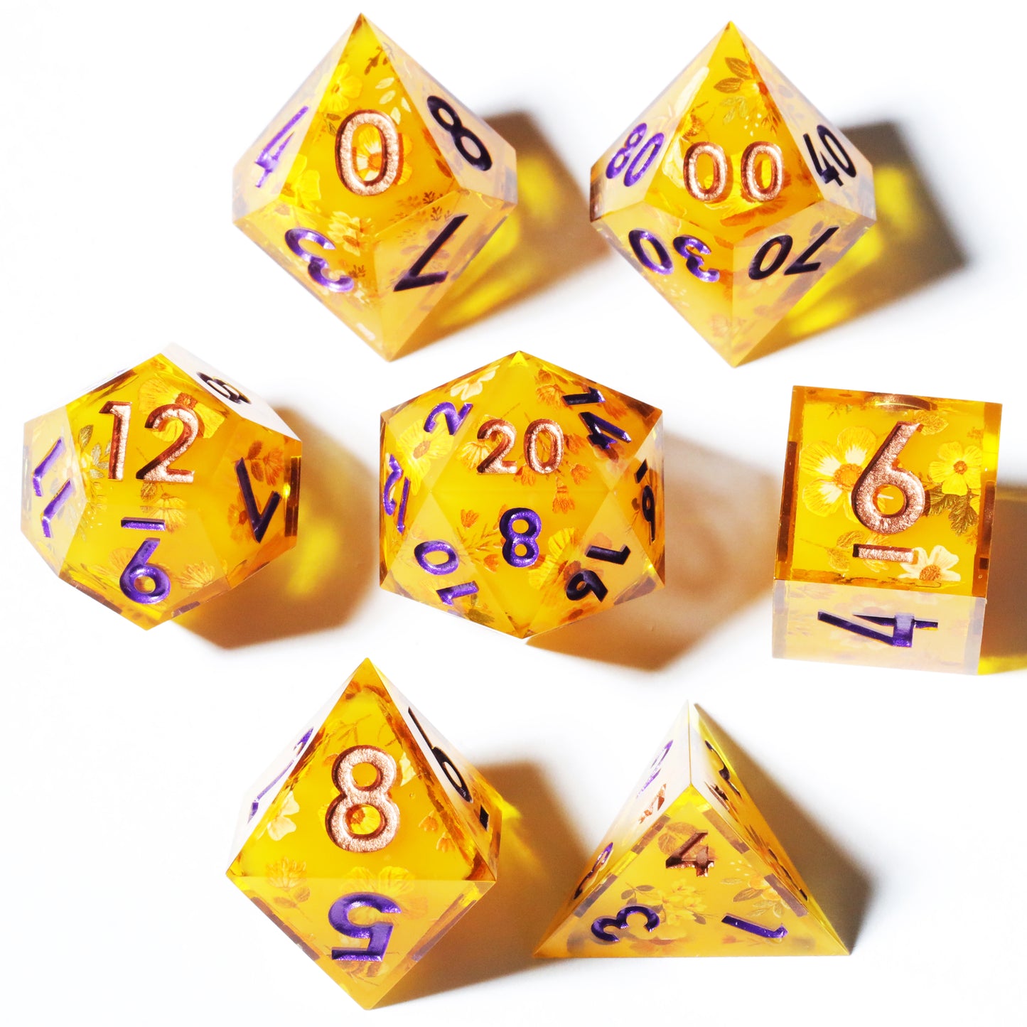 Honey Handmade Sharp Edge 7 Piece Resin d&d Dungeons and Dragons Dice Set