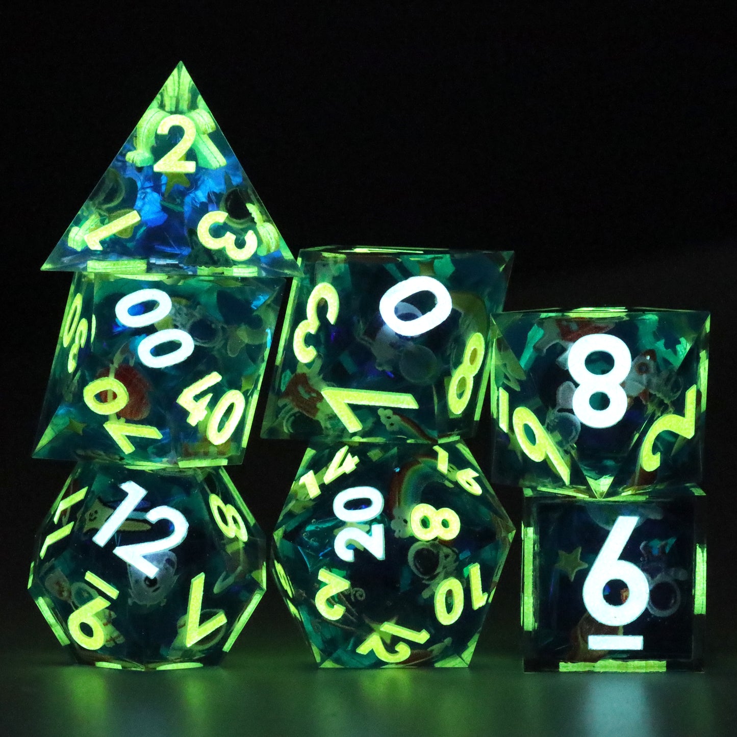 Flying Into Space Handmade Sharp Edge 7 Piece Resin d&d Dungeons and Dragons Dice Set