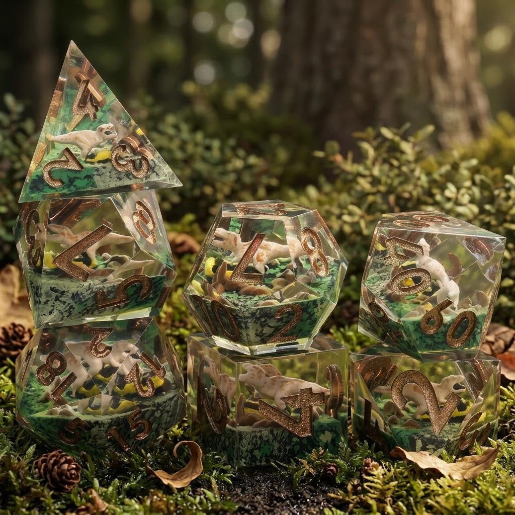 Prehistoric Realm - Hand-Painted Dinosaur Crystal Clear Resin DND Dice Set | 7-Piece Polyhedral Dice with 3D Printed Terrain Base for TTRPG Roleplaying