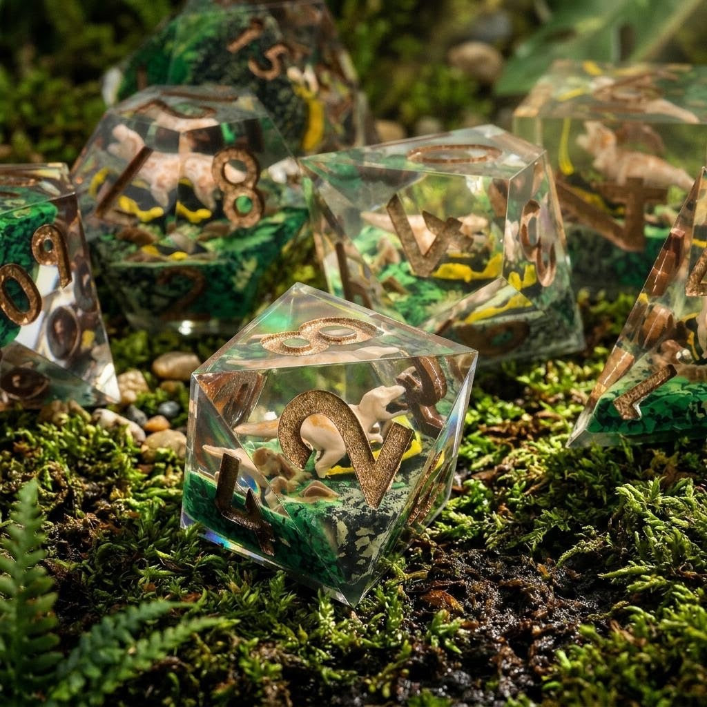 Prehistoric Realm - Hand-Painted Dinosaur Crystal Clear Resin DND Dice Set | 7-Piece Polyhedral Dice with 3D Printed Terrain Base for TTRPG Roleplaying