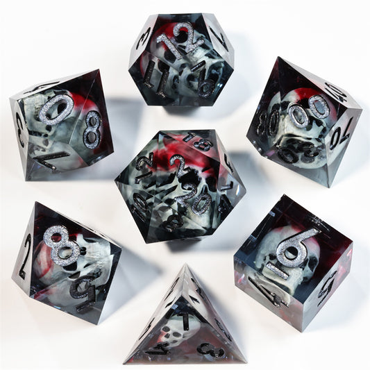 3D Skull Dice  Handmade Sharp Edge 7 Piece Dice Resin d&d Dungeons and Dragons Set