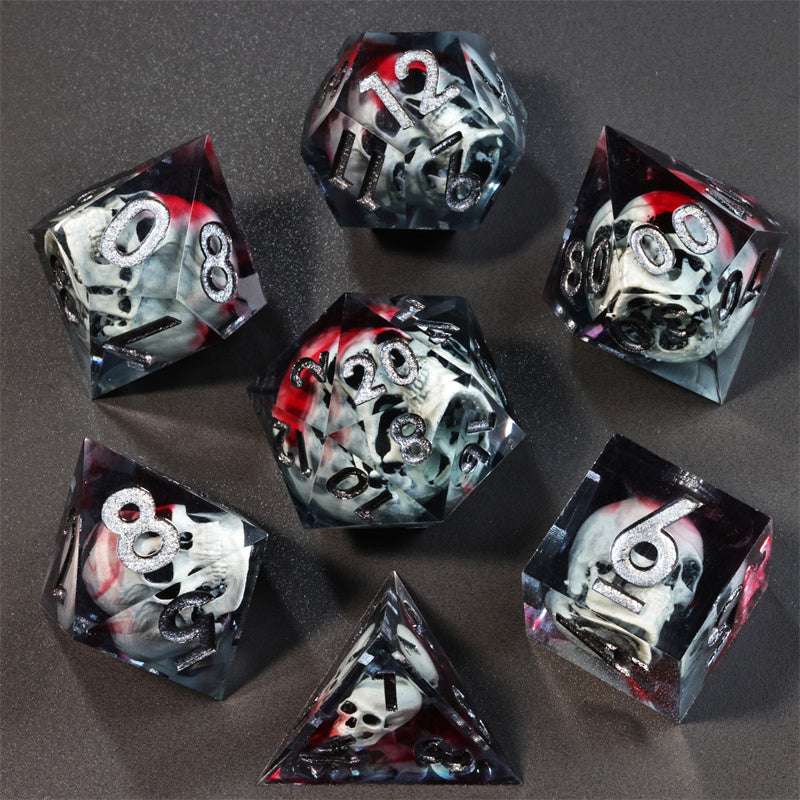 3D Skull Dice  Handmade Sharp Edge 7 Piece Dice Resin d&d Dungeons and Dragons Set