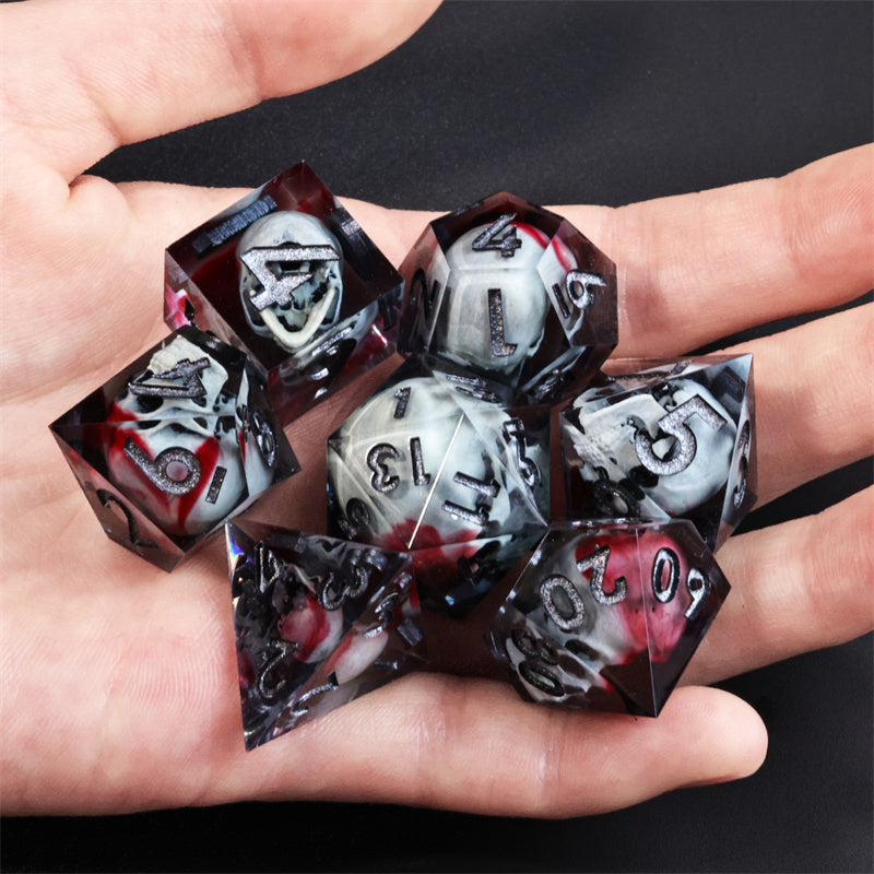 3D Skull Dice  Handmade Sharp Edge 7 Piece Dice Resin d&d Dungeons and Dragons Set