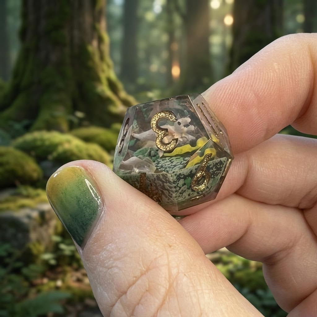 Prehistoric Realm - Hand-Painted Dinosaur Crystal Clear Resin DND Dice Set | 7-Piece Polyhedral Dice with 3D Printed Terrain Base for TTRPG Roleplaying