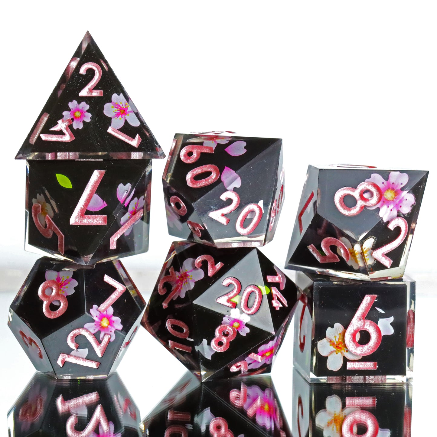 Sakura Night Handmade Sharp Edge 7 Piece Reesin d&d Dungeons and Dragons Dice Set