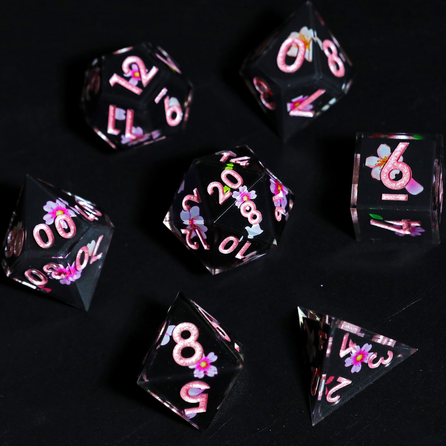 Sakura Night Handmade Sharp Edge 7 Piece Reesin d&d Dungeons and Dragons Dice Set