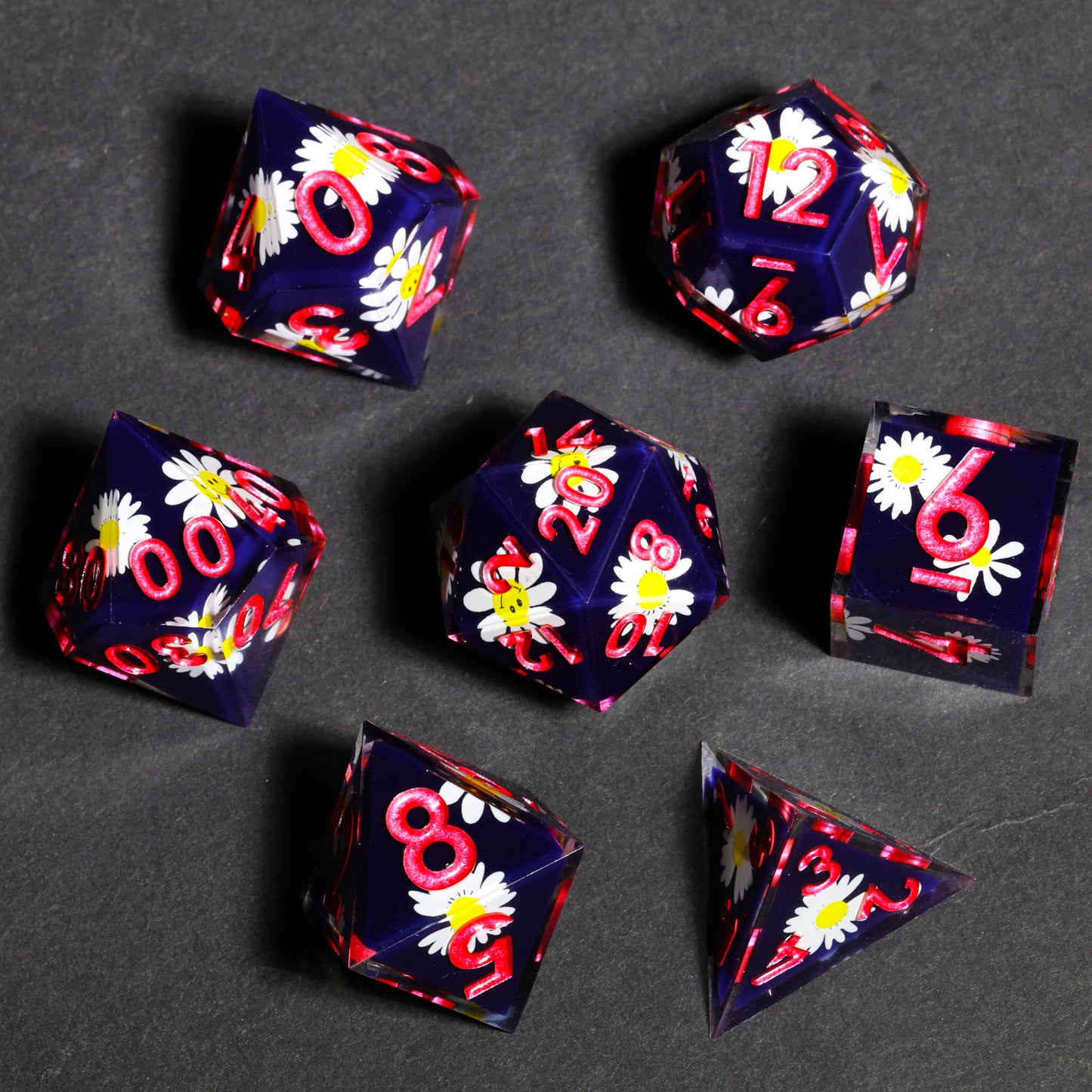 Smiley Daisy Handmade Sharp Edge 7 Piece Reesin d&d Dungeons and Dragons Dice Set