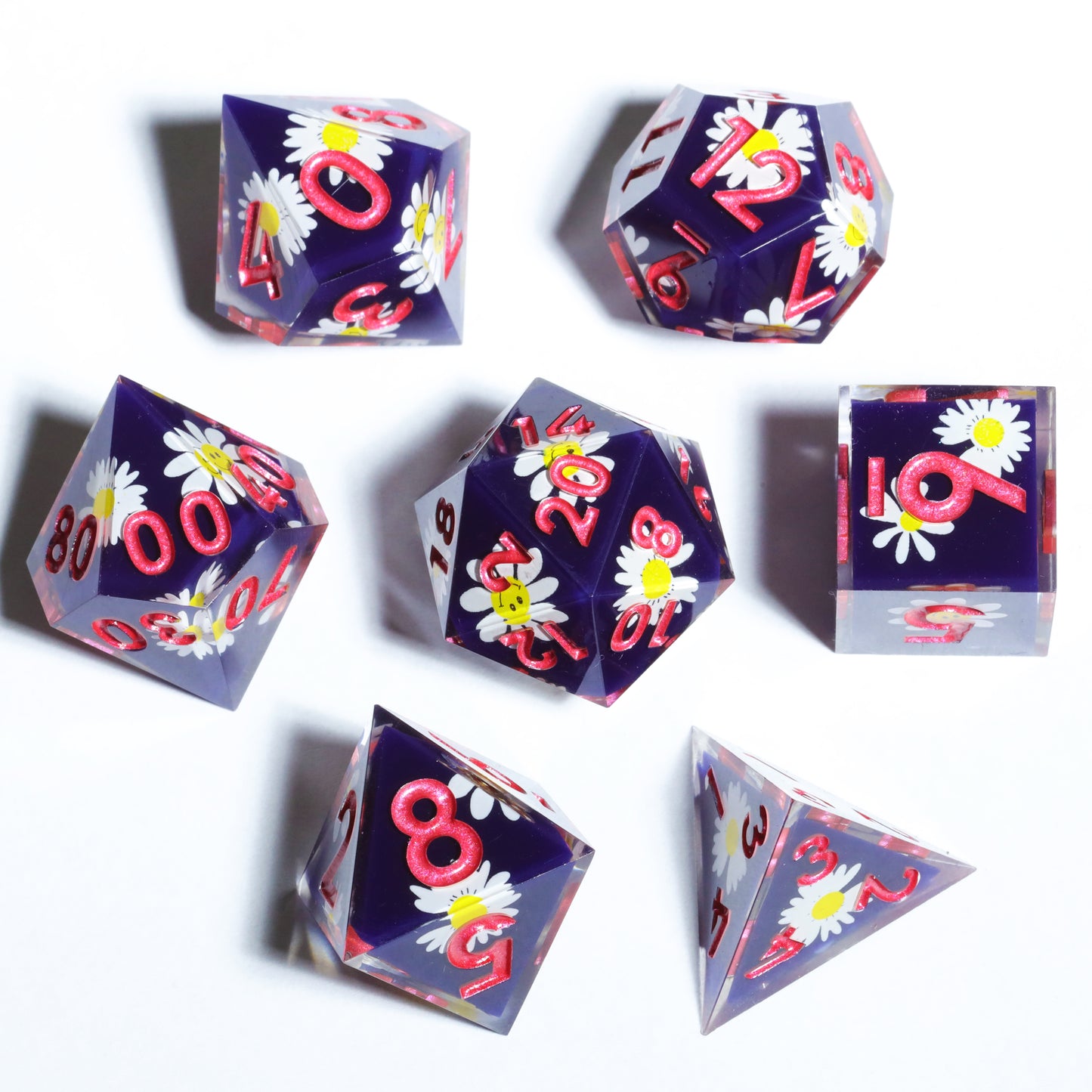 Smiley Daisy Handmade Sharp Edge 7 Piece Reesin d&d Dungeons and Dragons Dice Set