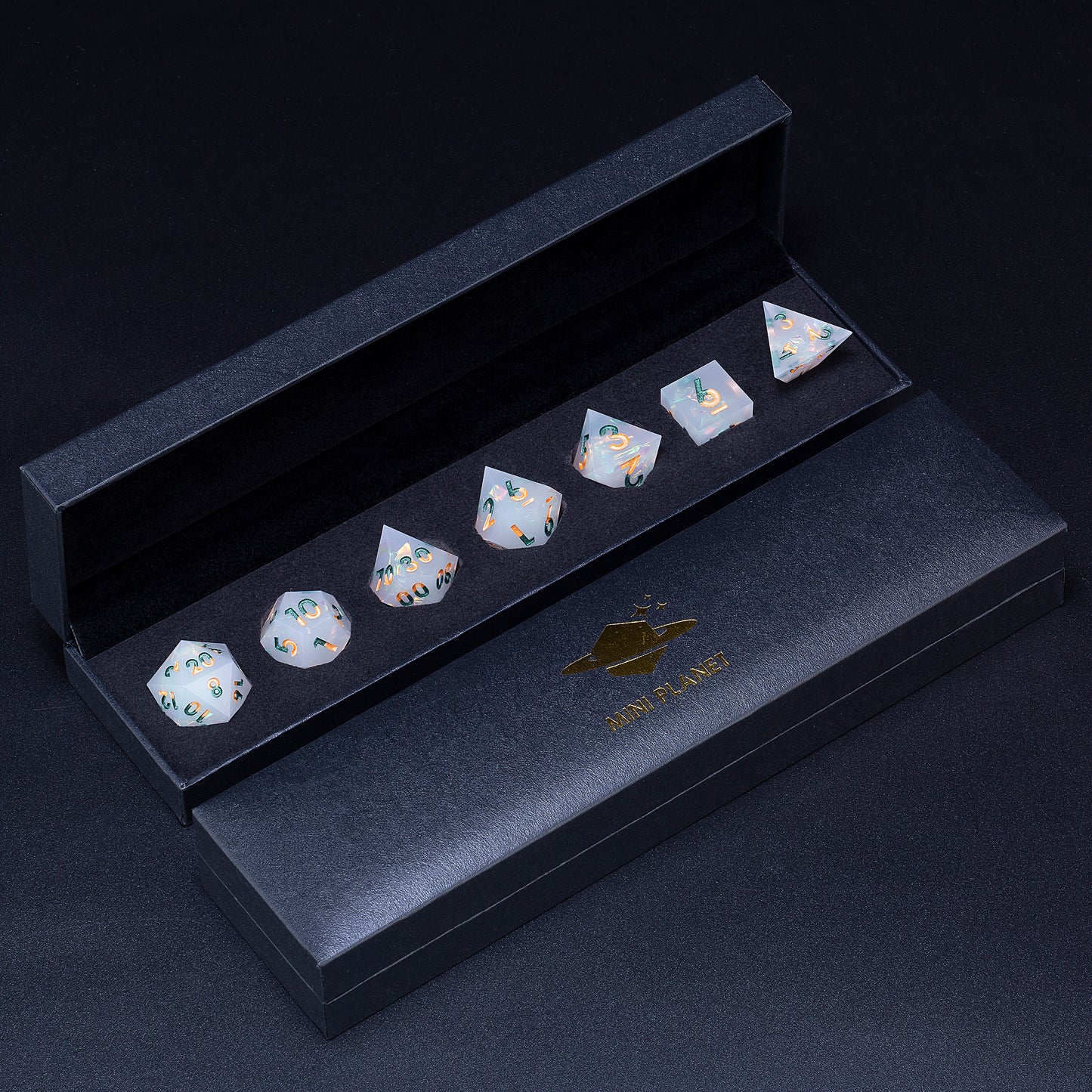 Opal Secret Handmade Sharp Edge 7 Piece Resin d&d Dungeons and Dragons Dice Set